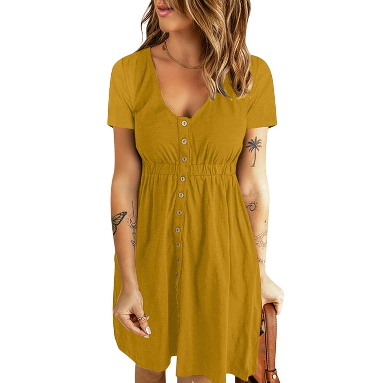 Women s V Neck Dress Elastic Waist Dress Casual Summer Dress For Ladies Flowy Swing Dress Solid Color Maxi Dress Loose Fit Ruffle Dress With Belt