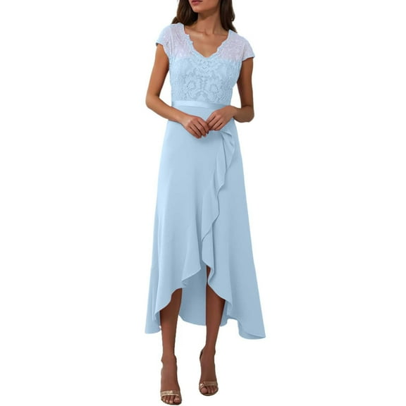 Women's V Neck Dress Wedding Guests High And Low Flower Lace Party Formal Bridesmaid Dress