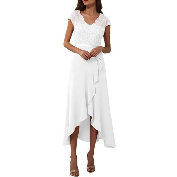 Women's V Neck Dress Wedding Guests High And Low Flower Lace Party Formal Bridesmaid Dress