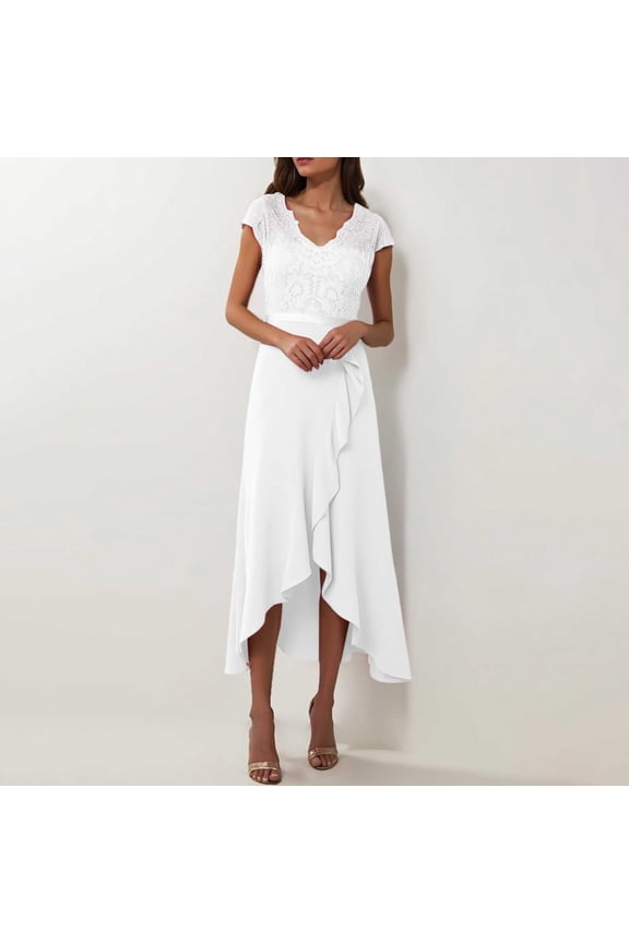 Women's V Neck Dress Wedding Guests High And Low Flower Lace Party Formal Bridesmaid Dress Elegant Dresses for Women Evening Party Long Women S Dresses for Wedding Evening Gown Size 14 And Dress Long