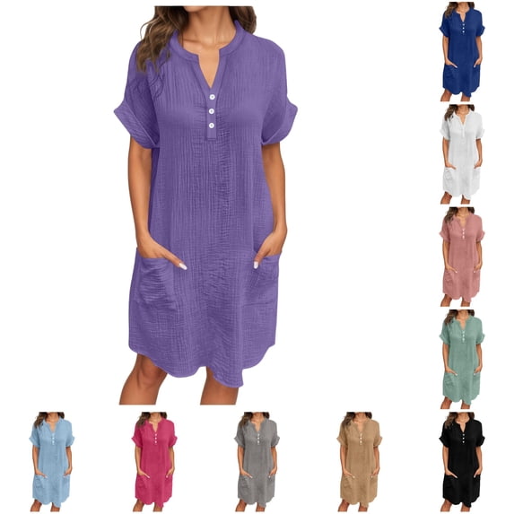 Women's V Neck Dress with Pockets Buttons, Spring Summer Flowy, Relaxed Fit Pure Color, Everyday Comfort
