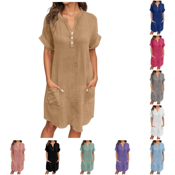 Women's V Neck Dress with Pockets Buttons, Spring Summer Flowy, Relaxed Fit Pure Color, Everyday Comfort