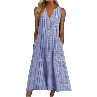 Women's V Neck Dresses-Sleeveless Button Striped Print T Shirt Midi Dress Casual Loose Tank Sundress with Pockets