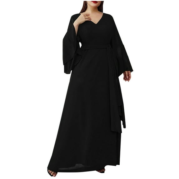 ZQUUVOU Women's V Neck Dresses With Sleeves Chiffon A Line Formal Dress Long With Slit Black