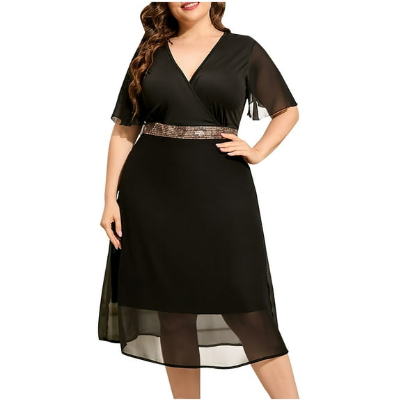 ZQUUVOU Women's V Neck Dresses With Sleeves Chiffon A Line Formal Dress Long With Slit Black