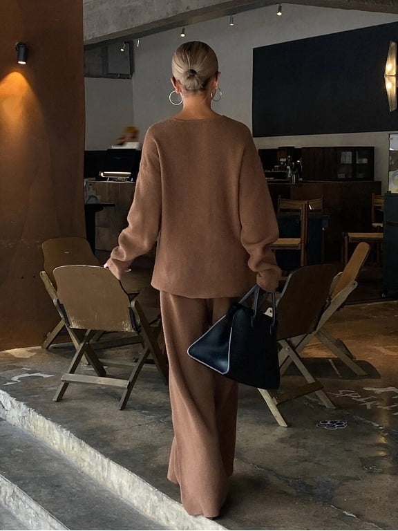 Women's V-Neck Drop Shoulder Sweater & Wide Leg Pants Knit Two Piece Set