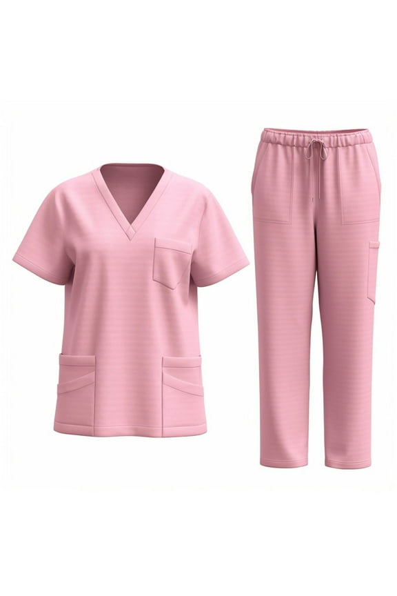 Women's V-Neck Elastic Waist Pocket Pants for Work Uniforms