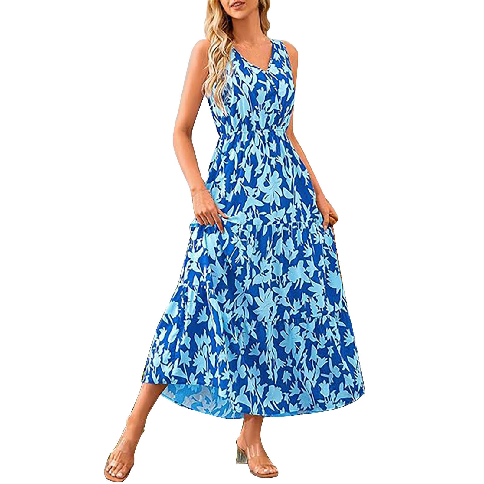 Elegant Sweet Bohemian Style V-Neck Elastic Waist Loose Large Swing Flower Printed Girls Summer Dress For Woman 2023  Skirt