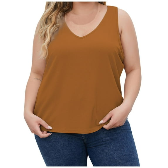 Women's V Neck Elegant Going out Blouse Vintage Solid Color Tank Tops Sleeveless Tunic Tops Loose Fit Flowy Y2K Tops Dressy Casual Summer Clothes for Teen Girls Fashion 2024 Brown T Shirts XXXXL