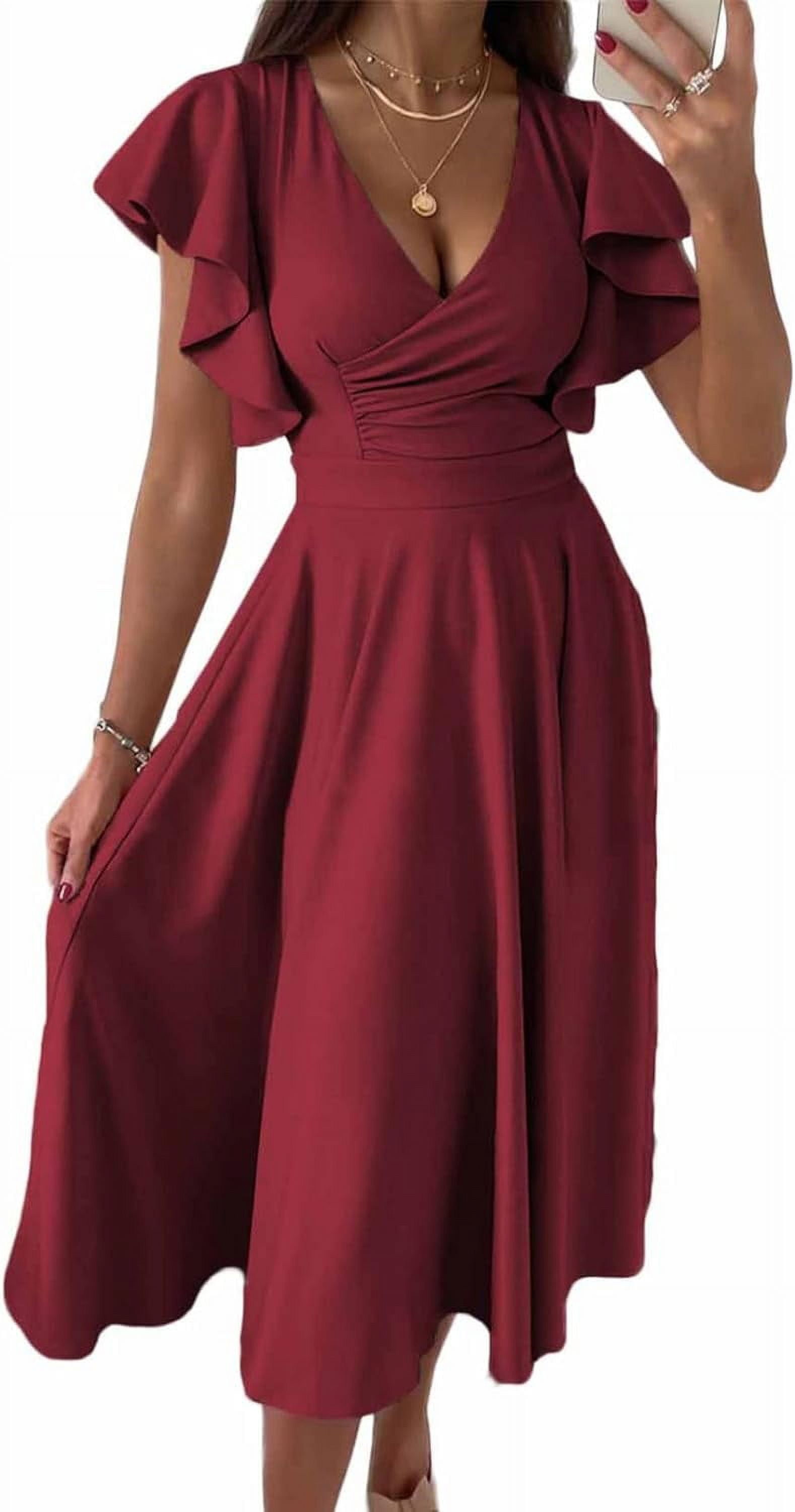 Women's V Neck Elegant Party Dress Short Sleeve Skater Dress