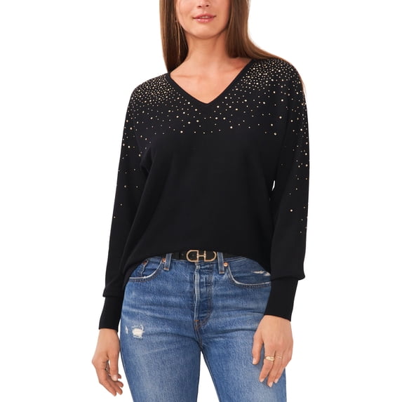 Women's V-Neck Embellished Long-Sleeve Sweater Black XL