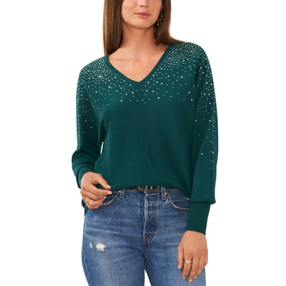 Women's V-Neck Embellished Long-Sleeve Sweater Wise Green XL