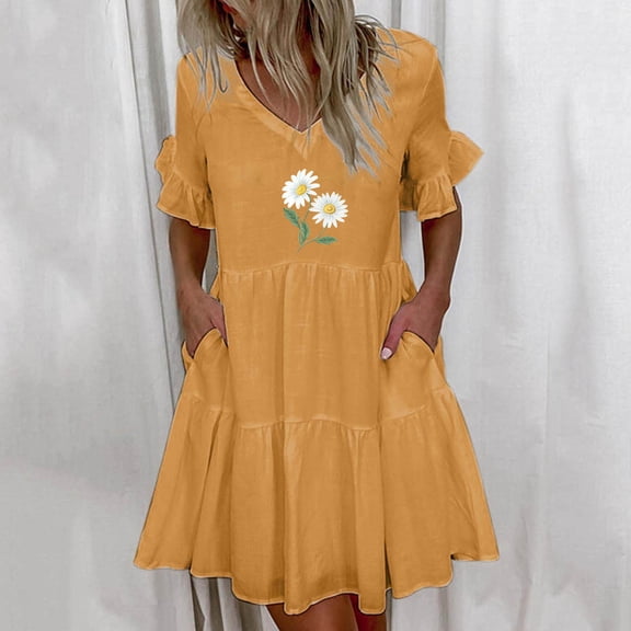 DailyTrove Women's V-Neck Embroidered Mini Dress, Short Sleeve, Casual Garden & Picnic Wear, Lightweight Cotton Blend, Ruffled Hem