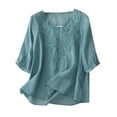 thumbnail image 1 of Women's V Neck Embroidered Short Sleeve T-Shirt - High Count Thin Breathable Top, Linen Blend, M-XXL, 1 of 4