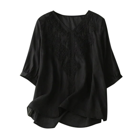 Women's V Neck Embroidered Short Sleeve T-Shirt - High Count Thin Breathable Top, Linen Blend, M-XXL