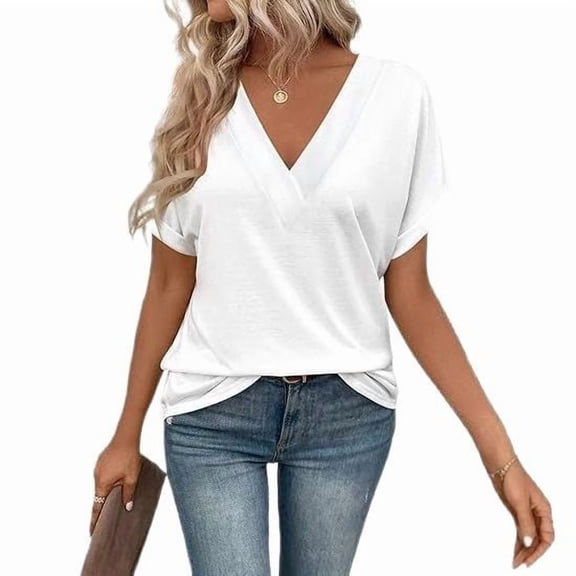 Women's V-Neck Essential Tops, Relaxed Fit Airy Summer Blouses