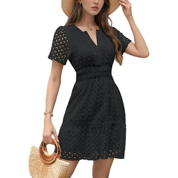 V Neck Eyelet High Waist A-Line Skirt Black L