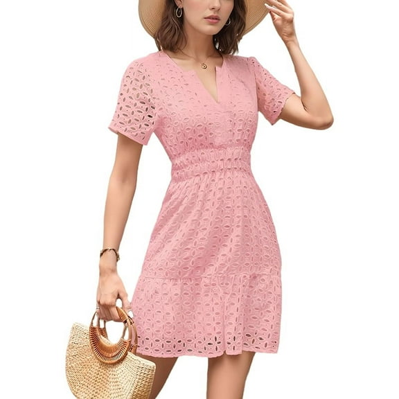 1 Piece V Neck Eyelet High Waist A-Line Skirt Pink XXL
