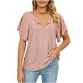 thumbnail image 1 of Women's V Neck Eyelet Tops Ruffle Short Sleeve Tie Neck Casual Shirts Blouses Solid Loose fitted Lightweight Tunic Tops Womens Clothes, 1 of 7