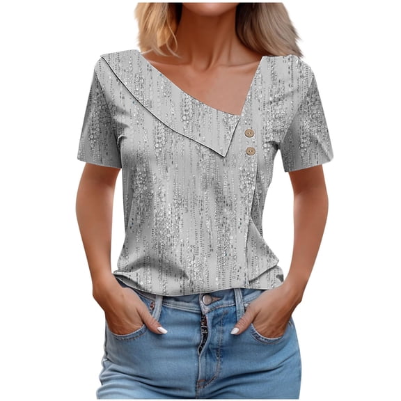 Women's V-Neck Fashion Casual Short-Sleeved Spring And Summer Top(Gray,S)