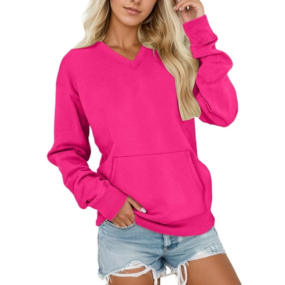 Women's V-Neck Pullover Sweatshirt, Oversized Loose Fit Long Sleeve Casual Top with Pockets, Soft Comfortable Winter Fall Y2K Style, [Color], [Size]