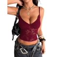 thumbnail image 1 of Women's V-Neck Floral Lace Spaghetti Strap Sheer Sleeveless Backless Cropped Tank Top Wine Red XL, 1 of 8