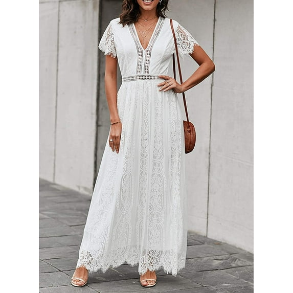 Women's V Neck Floral Lace Wedding Dress Short Sleeve Bridesmaid Evening Party Maxi Dress