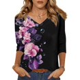 thumbnail image 1 of Women's V-Neck Floral Print 3/4 Sleeve T-Shirt, Cute Casual Blouse with Relaxed Fit for Plus Size Comfort and Stylish Everyday Wear,Black L, 1 of 5