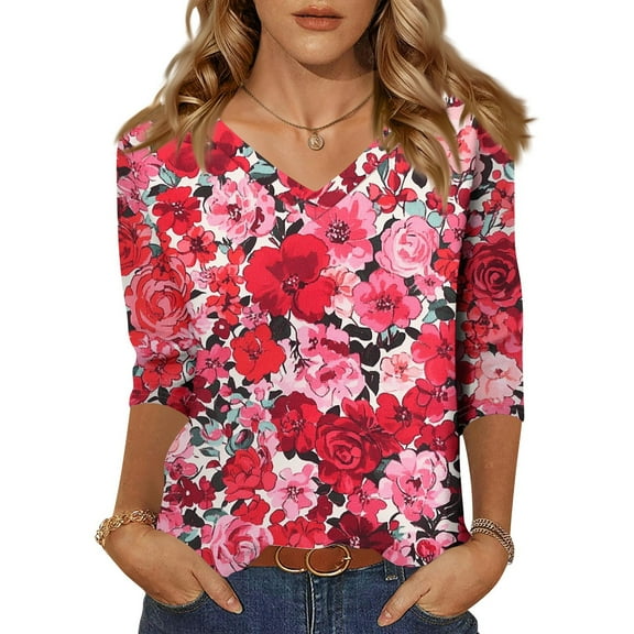 Women's V-Neck Floral Print 3/4 Sleeve T-Shirt, Cute Casual Blouse with Relaxed Fit for Plus Size Comfort and Stylish Everyday Wear,Deep Red XL
