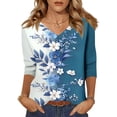 thumbnail image 1 of Women's V-Neck Floral Print 3/4 Sleeve T-Shirt, Cute Casual Blouse with Relaxed Fit for Plus Size Comfort and Stylish Everyday Wear,Sky Blue 5XL, 1 of 5