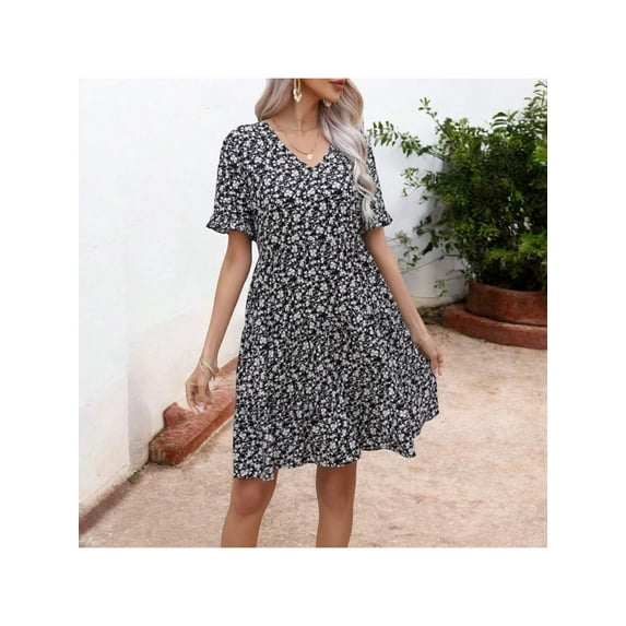Women's V-Neck Floral Print Ruffle Hem Dress with Short Sleeves- Large, Black