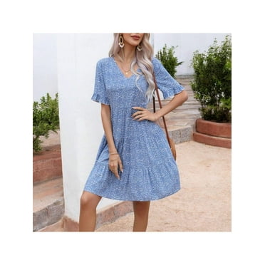 Women's V-Neck Floral Print Ruffle Hem Dress with Short Sleeves- XX Large, Blue