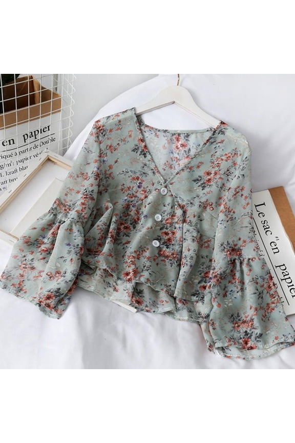 Women's V Neck Floral Print Sweet Small Fresh Chiffon Blouse Top