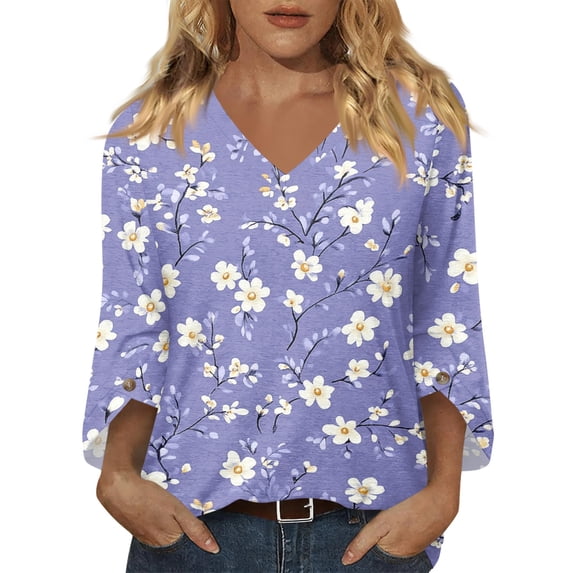 Women's V Neck Floral Printed 3/4 Sleeve Tops, Loose Baggy Blouses Spring Summer Business Work Casual Office Wear