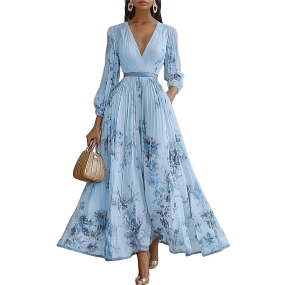 Women's V Neck Floral Printed Pleated Dress Long Sleeve Flowy A Line Party Maxi Cocktail Dresses Light Blue M