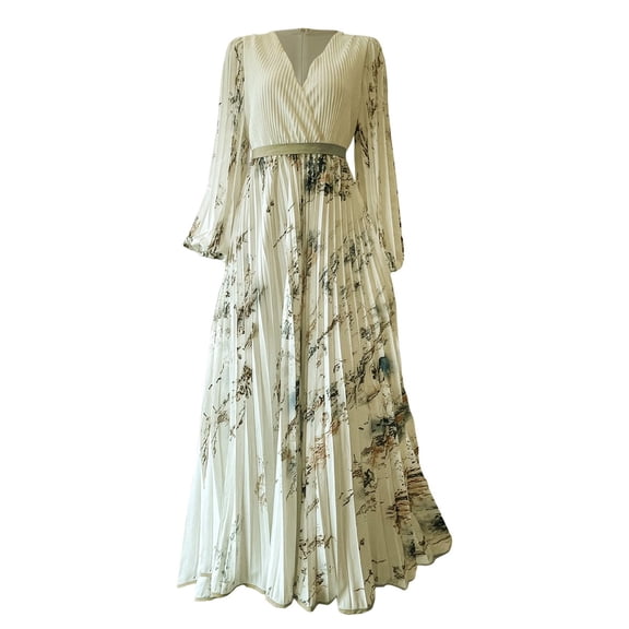 Women's V Neck Floral Printed Pleated Dress Long Sleeve Flowy A Line Party Maxi Cocktail Dresses Light Yellow XXL