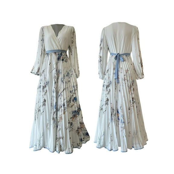 Women's V Neck Floral Printed Pleated Dress Long Sleeve Flowy A Line Party Maxi Cocktail Dresses White S