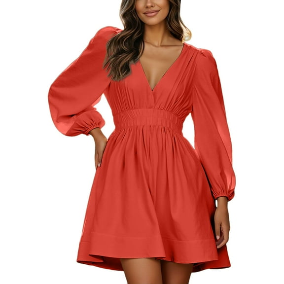 Women's V Neck Flounce Dress - Elegant Ruffle Details, Polyester Fabric, Layering with Leggings, Spring/Fall Casual to Semi-Formal