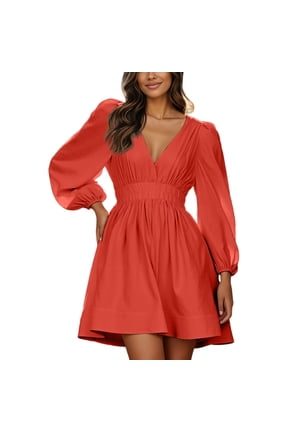 Women's V Neck Flounce Dress - Elegant Ruffle Details, Polyester Fabric, Layering with Leggings, Spring/Fall Casual to Semi-Formal