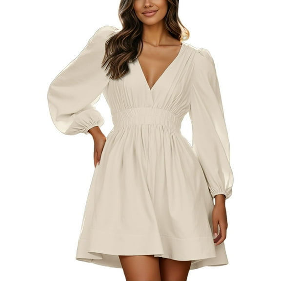 Women's V Neck Flounce Dress - Elegant Ruffle Details, Polyester Fabric, Layering with Leggings, Spring/Fall Casual to Semi-Formal