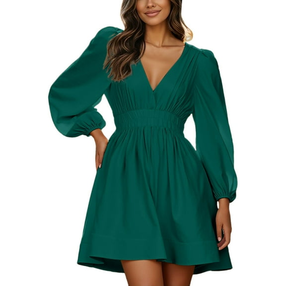 Women's V Neck Flounce Dress - Elegant Ruffle Details, Polyester Fabric, Layering with Leggings, Spring/Fall Casual to Semi-Formal
