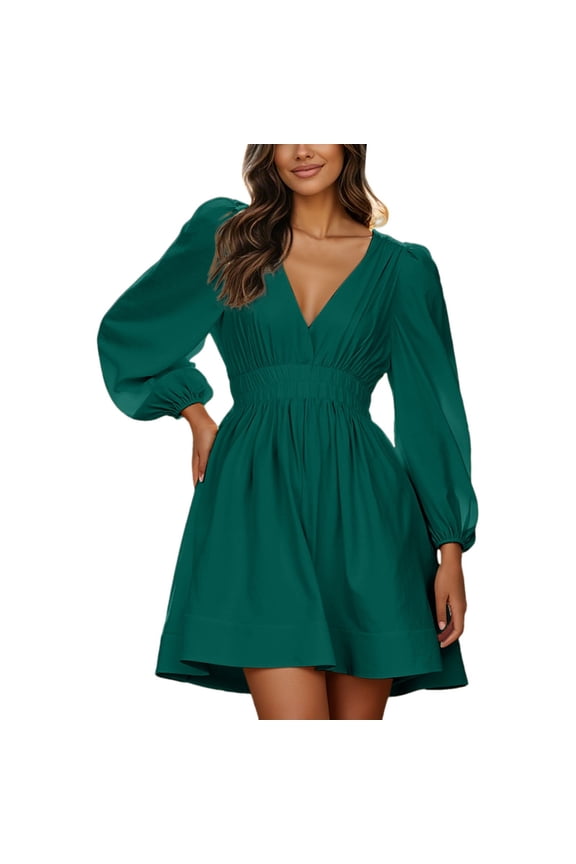 Women's V Neck Flounce Dress - Elegant Ruffle Details, Polyester Fabric, Layering with Leggings, Spring/Fall Casual to Semi-Formal