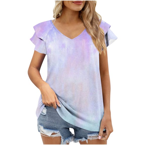 Women's V-Neck Flounce Sleeve Blouse Short Sleeve Ombre Top with Ruffle Detail Gradient Print Casual Spring Summer Shirt