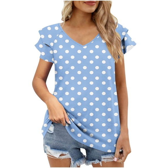 Women's V-Neck Flounce Sleeve Blouse Short Sleeve Ombre Top with Ruffle Detail Gradient Print Casual Spring Summer Shirt
