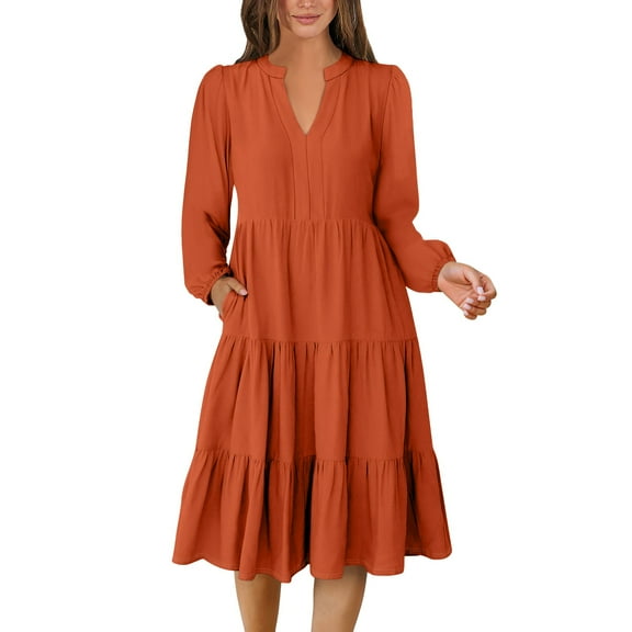 Women's V-Neck Flowing Layered Bohemian Long-Sleeved Solid Color Dress, Bohemian and Free for Casual Wear, Great for Outdoor Events,Orange,Size S