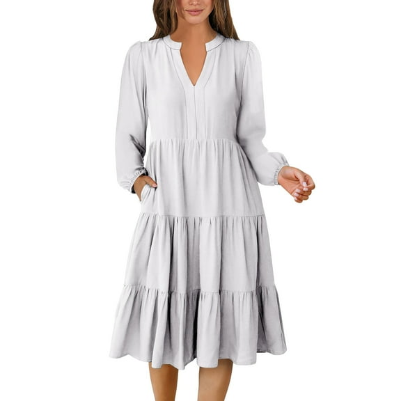 Women's V-Neck Flowing Layered Bohemian Long-Sleeved Solid Color Dress, Bohemian and Free for Casual Wear, Great for Outdoor Events,White,Size S