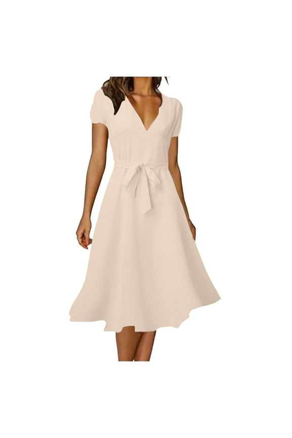 Women's V-Neck Flowy Midi Dress Short Sleeve Elegant Summer Wedding Guest Cocktail Dresses with Belt