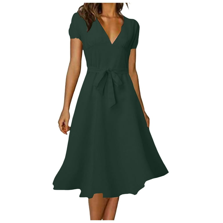 Women's V-Neck Flowy Midi Dress Short Sleeve Elegant Summer