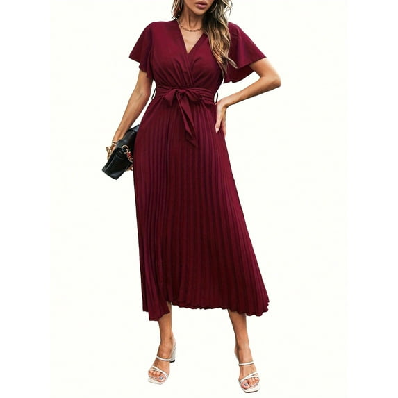 Women's V-Neck Flutter Sleeve Maxi Dress with Pleated Skirt and Waist Tie- Large, Burgundy