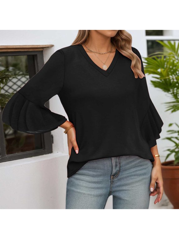 Women's V Neck Flutter Sleeve T Shirt Casual Comfortable Blouse For Daily Vacation Wear With Jeans Spring Summer Fall Long Sleeve Spandex Shirt Women Casual Raglan Tee Handstand Shirt Long Sleeve Long